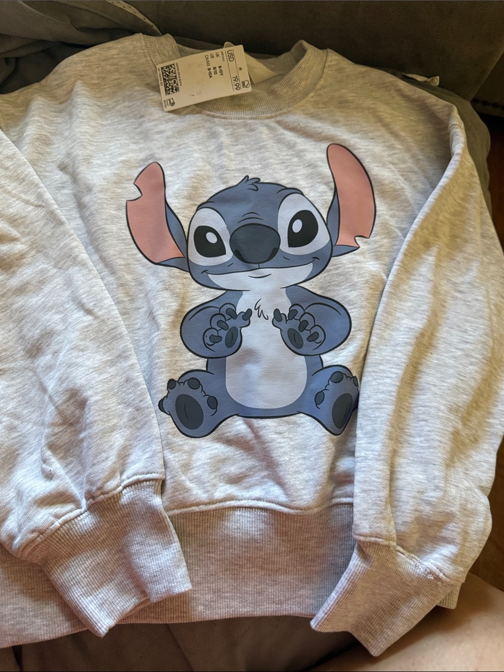H&M Light Gray Sweatshirt with Stitch Graphic and Pink Ear Accents